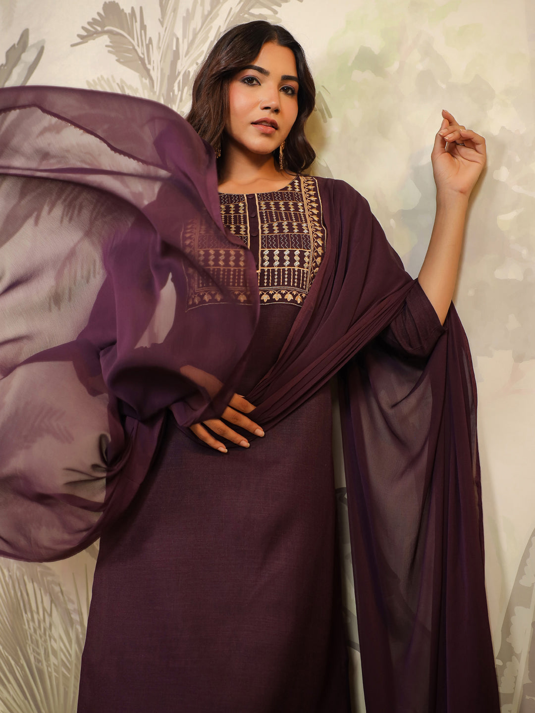 Janasya Dark Cotton Blend Yoke Embroidery Straight Kurta Set