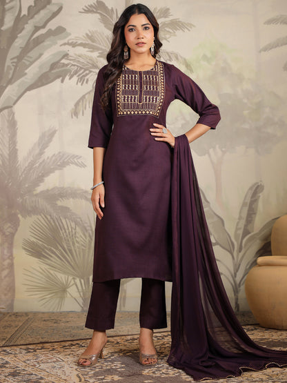 Janasya Dark Cotton Blend Yoke Embroidery Straight Kurta Set - Distacart