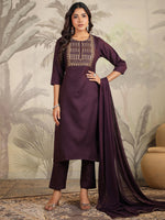 Thumbnail for Janasya Dark Cotton Blend Yoke Embroidery Straight Kurta Set