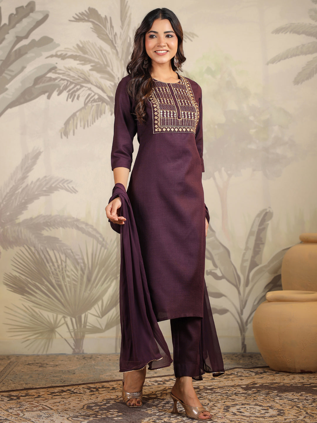 Janasya Dark Cotton Blend Yoke Embroidery Straight Kurta Set - Distacart