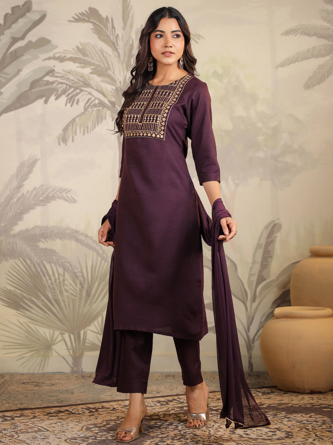 Janasya Dark Cotton Blend Yoke Embroidery Straight Kurta Set - Distacart