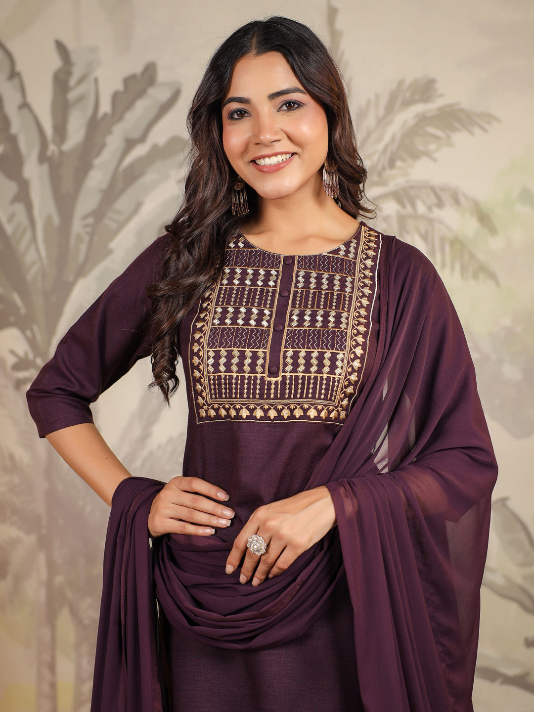 Janasya Dark Cotton Blend Yoke Embroidery Straight Kurta Set - Distacart