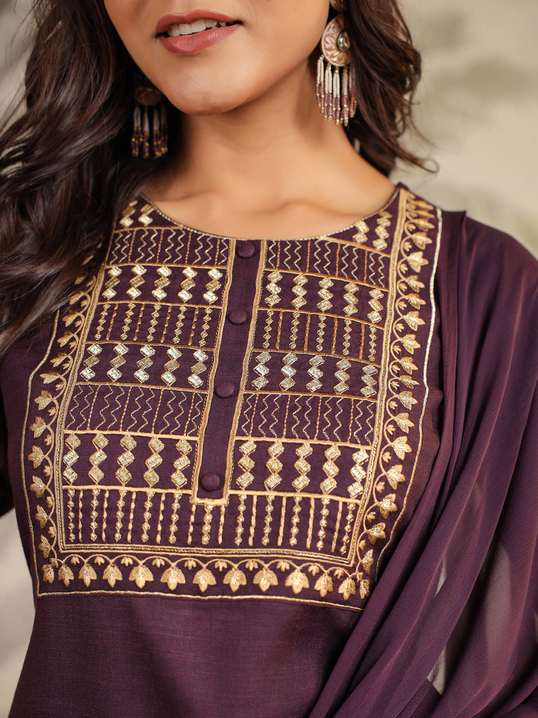 Janasya Dark Cotton Blend Yoke Embroidery Straight Kurta Set