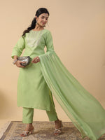 Thumbnail for Janasya Bright Cotton Blend Yoke Embroidery Straight Kurta Set