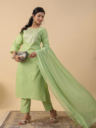 Janasya Bright Cotton Blend Yoke Embroidery Straight Kurta Set