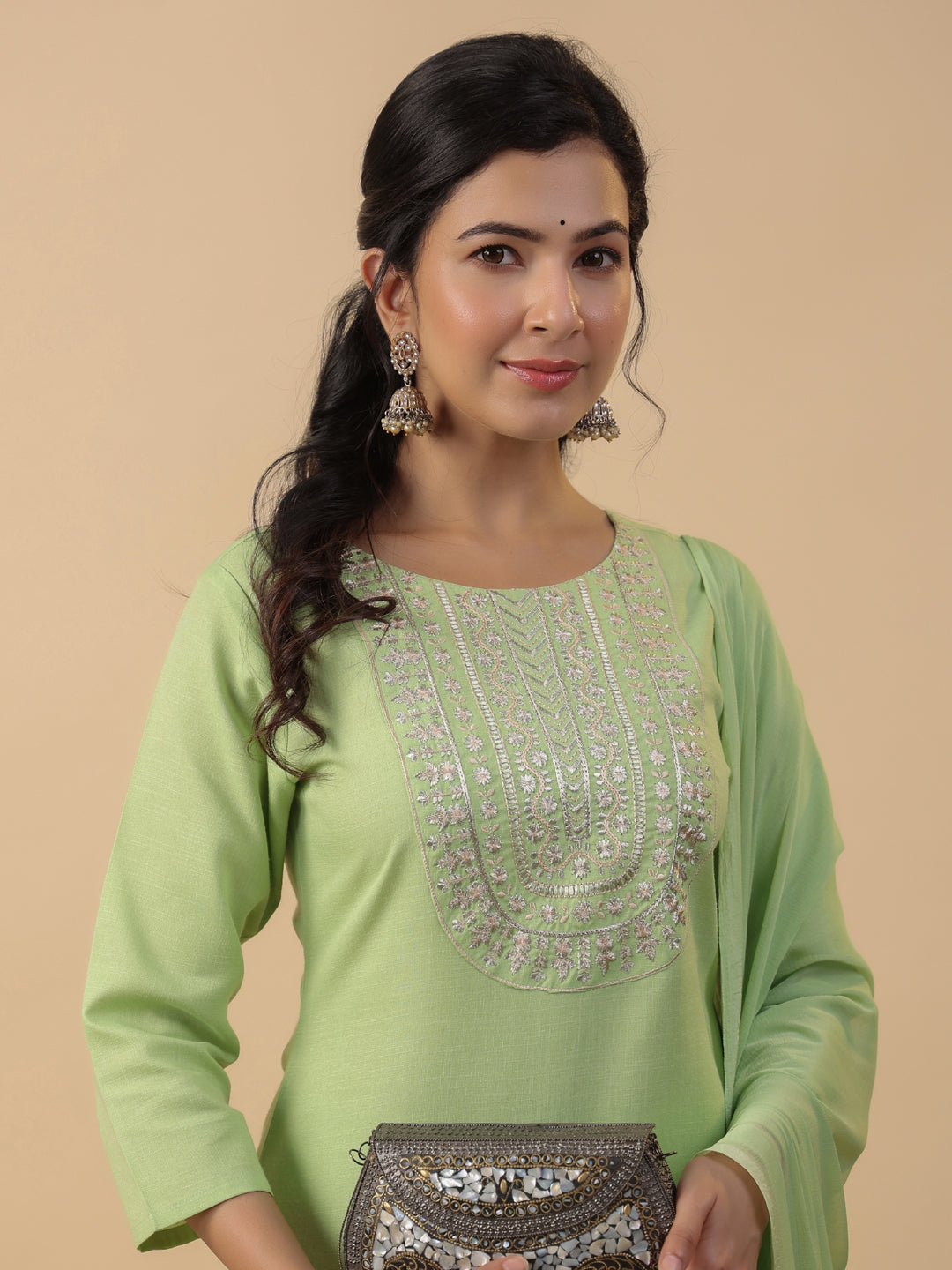 Janasya Bright Cotton Blend Yoke Embroidery Straight Kurta Set