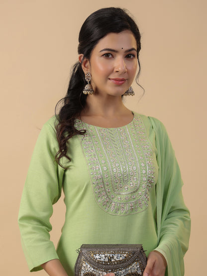 Janasya Bright Cotton Blend Yoke Embroidery Straight Kurta Set - Distacart