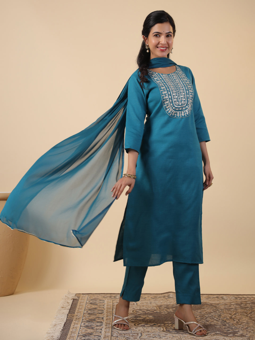 Janasya Bright Cotton Blend Embroidered Straight Kurta Set