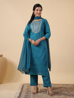 Thumbnail for Janasya Bright Cotton Blend Embroidered Straight Kurta Set