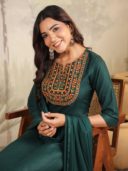 Janasya Dark Cotton Blend Yoke Embroidery Straight Kurta Set - Distacart