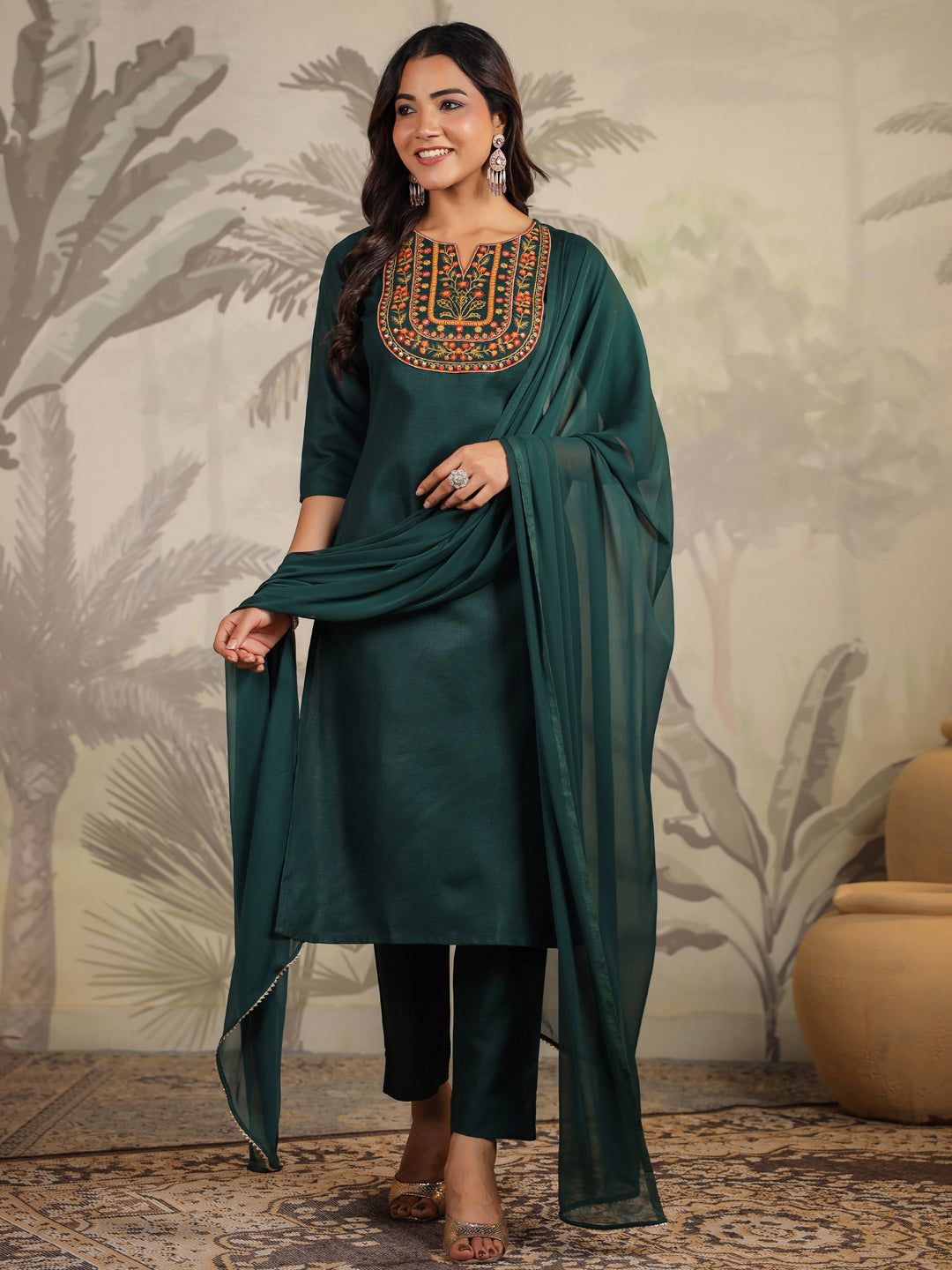 Janasya Dark Cotton Blend Yoke Embroidery Straight Kurta Set