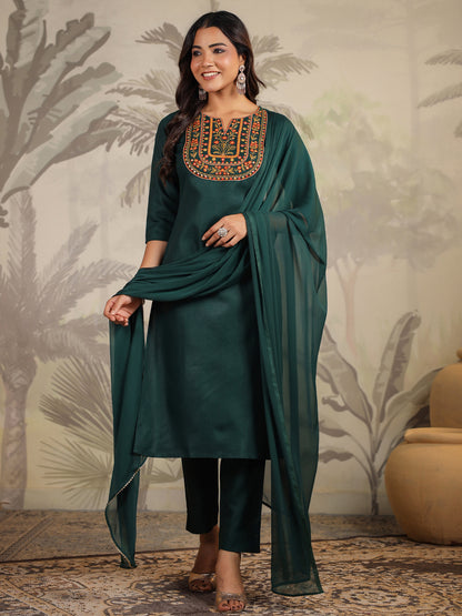 Janasya Dark Cotton Blend Yoke Embroidery Straight Kurta Set - Distacart