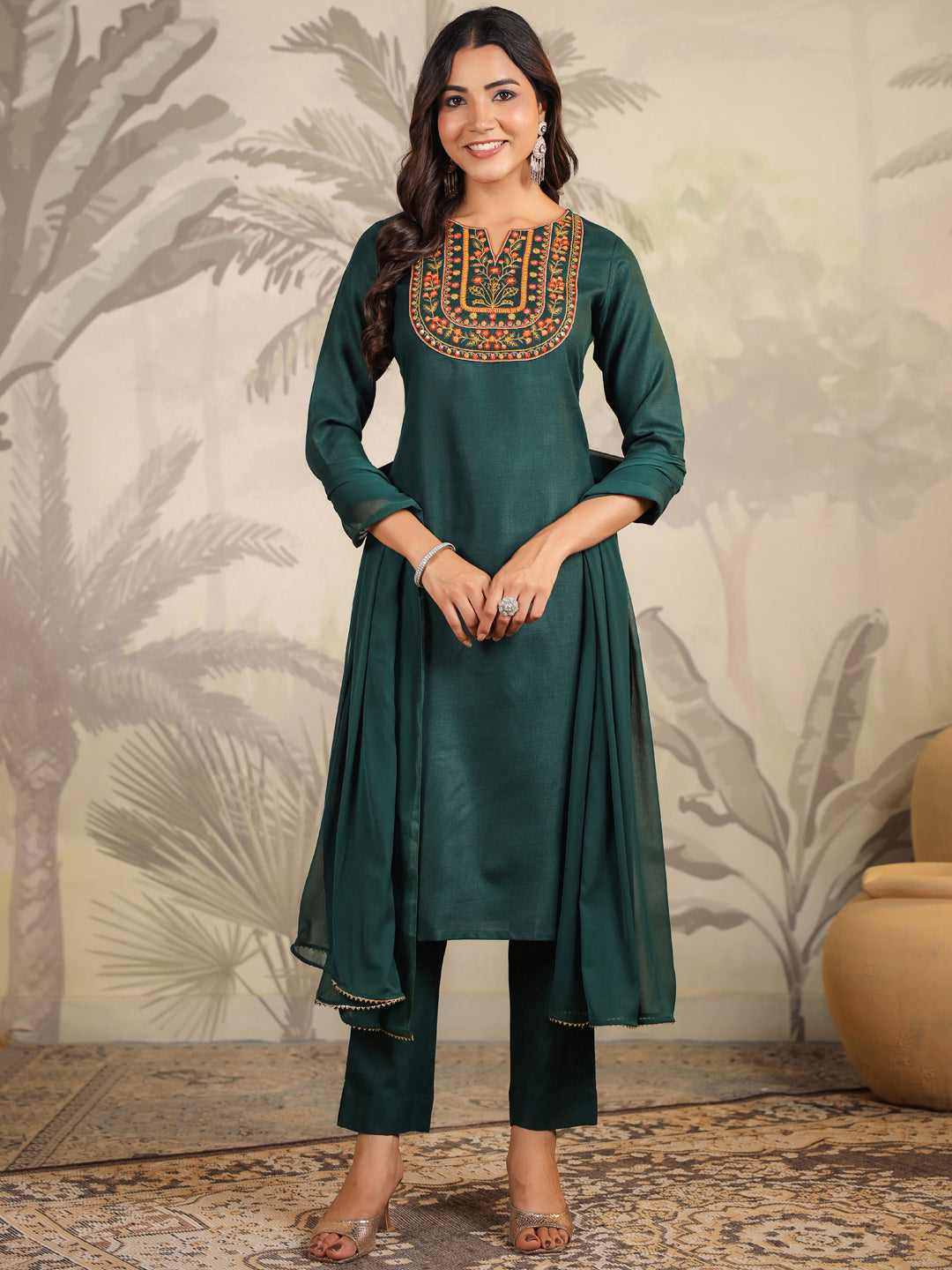 Janasya Dark Cotton Blend Yoke Embroidery Straight Kurta Set