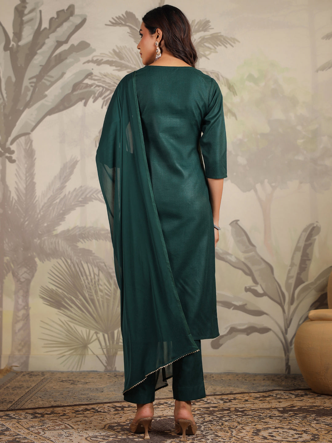 Janasya Dark Cotton Blend Yoke Embroidery Straight Kurta Set