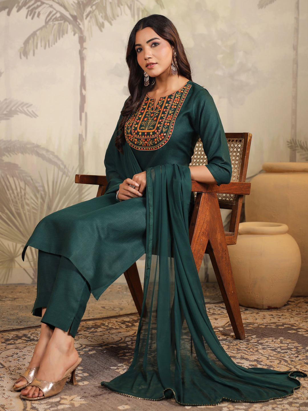 Janasya Dark Cotton Blend Yoke Embroidery Straight Kurta Set - Distacart