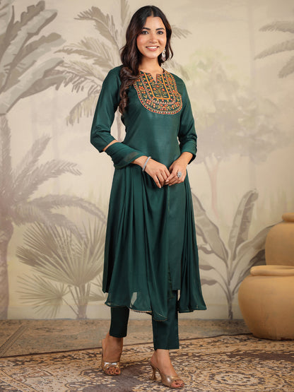 Janasya Dark Cotton Blend Yoke Embroidery Straight Kurta Set - Distacart