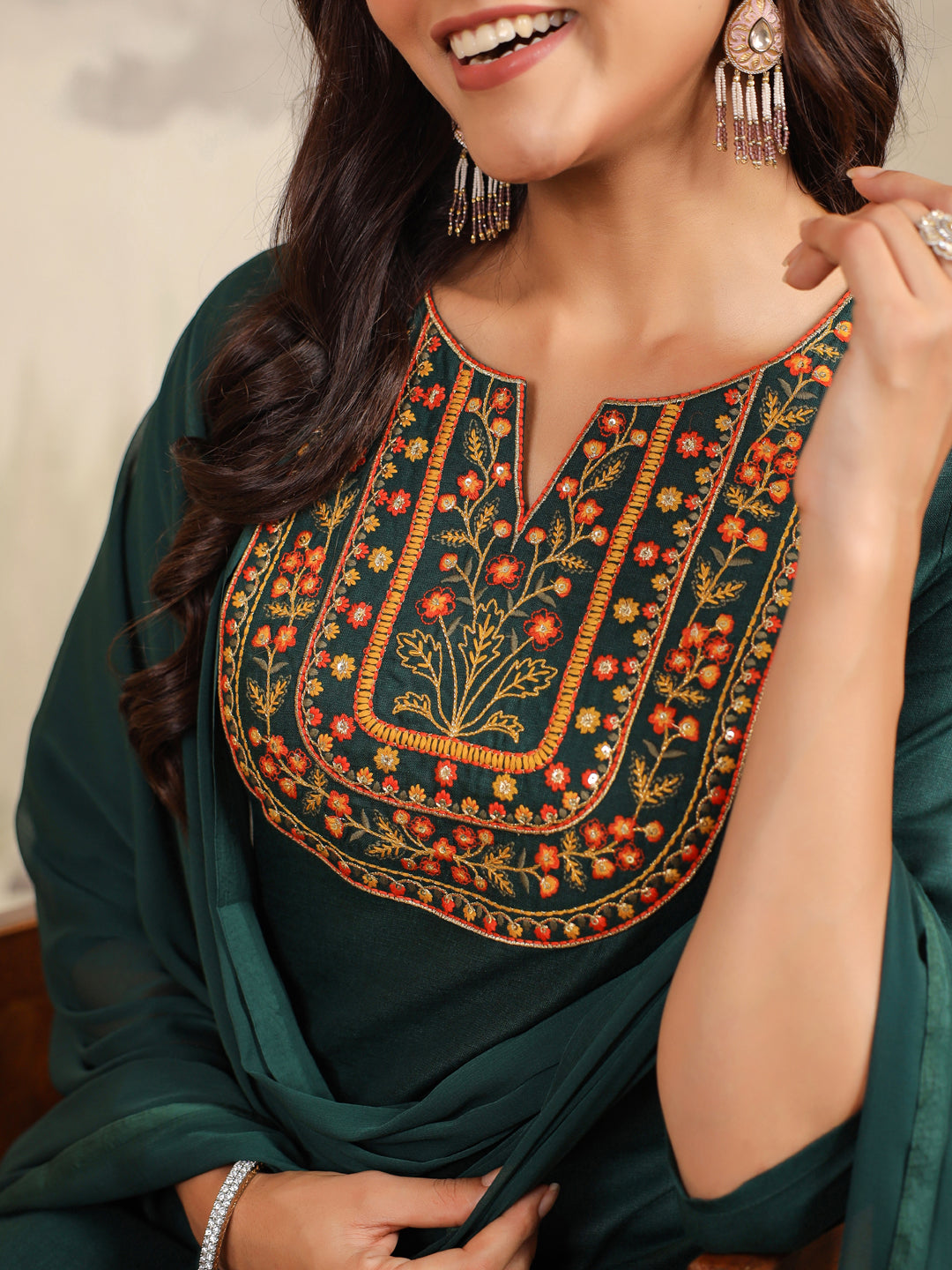 Janasya Dark Cotton Blend Yoke Embroidery Straight Kurta Set - Distacart