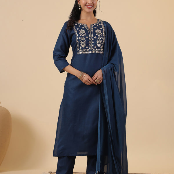 Janasya Dark Cotton Blend Yoke Embroidery Straight Kurta Set