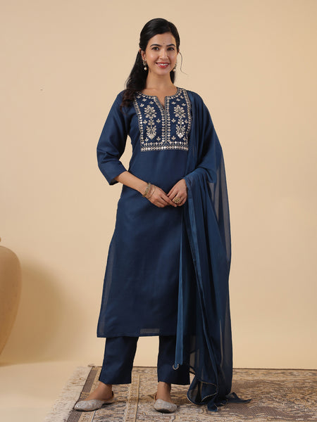 Janasya Dark Cotton Blend Yoke Embroidery Straight Kurta Set