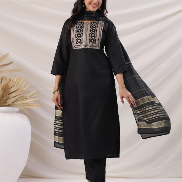 Janasya Dark Cotton Blend Embroidered Straight Kurta Set