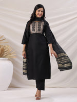 Thumbnail for Janasya Dark Cotton Blend Embroidered Straight Kurta Set