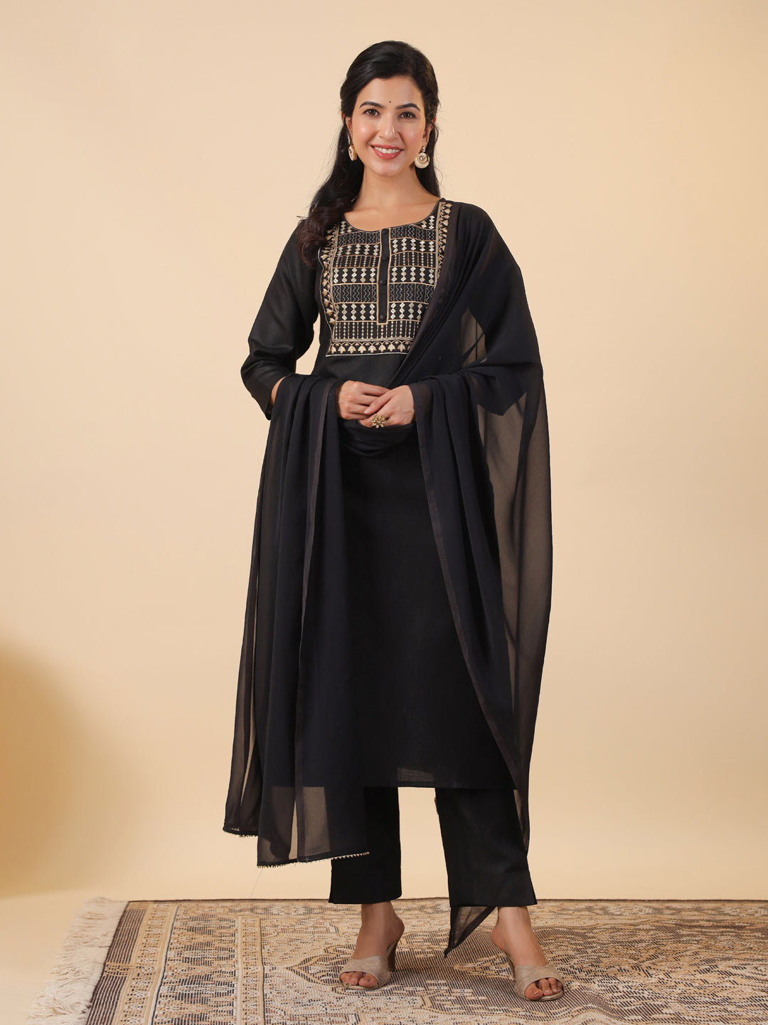 Janasya Dark Cotton Blend Yoke Embroidery Straight Kurta Set