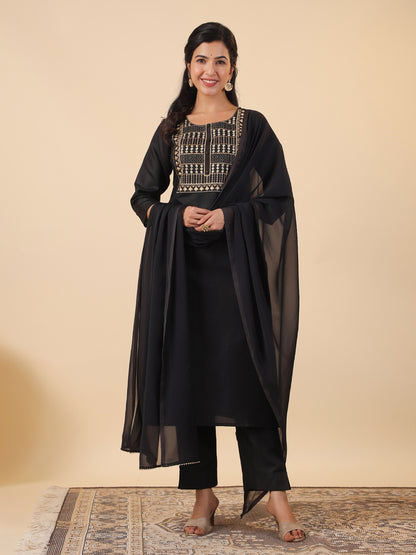 Janasya Dark Cotton Blend Yoke Embroidery Straight Kurta Set - Distacart