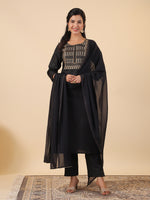Thumbnail for Janasya Dark Cotton Blend Yoke Embroidery Straight Kurta Set