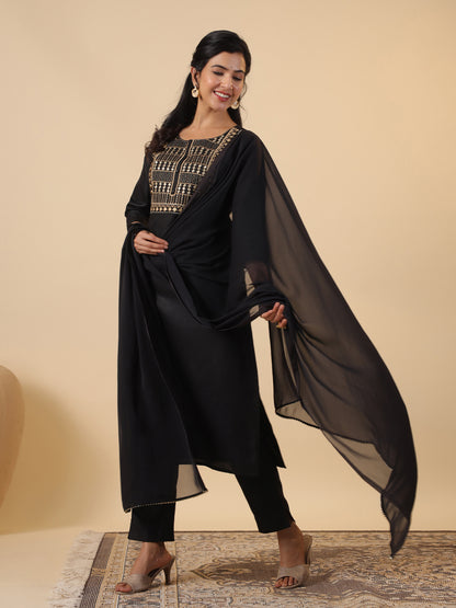 Janasya Dark Cotton Blend Yoke Embroidery Straight Kurta Set - Distacart