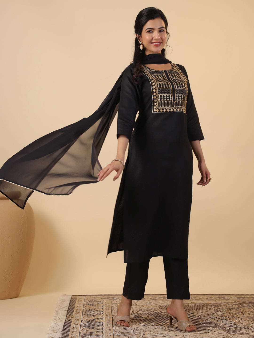 Janasya Dark Cotton Blend Yoke Embroidery Straight Kurta Set