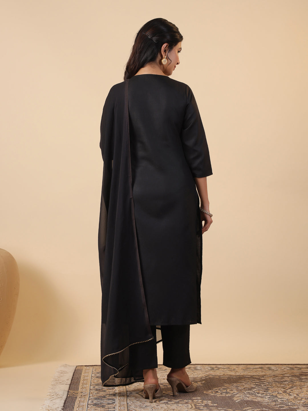 Janasya Dark Cotton Blend Yoke Embroidery Straight Kurta Set - Distacart