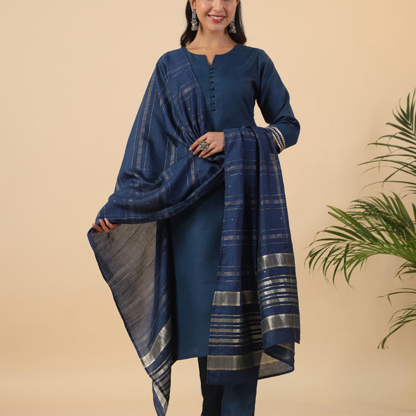 Janasya Dark Cotton Blend Solid Straight Kurta Set