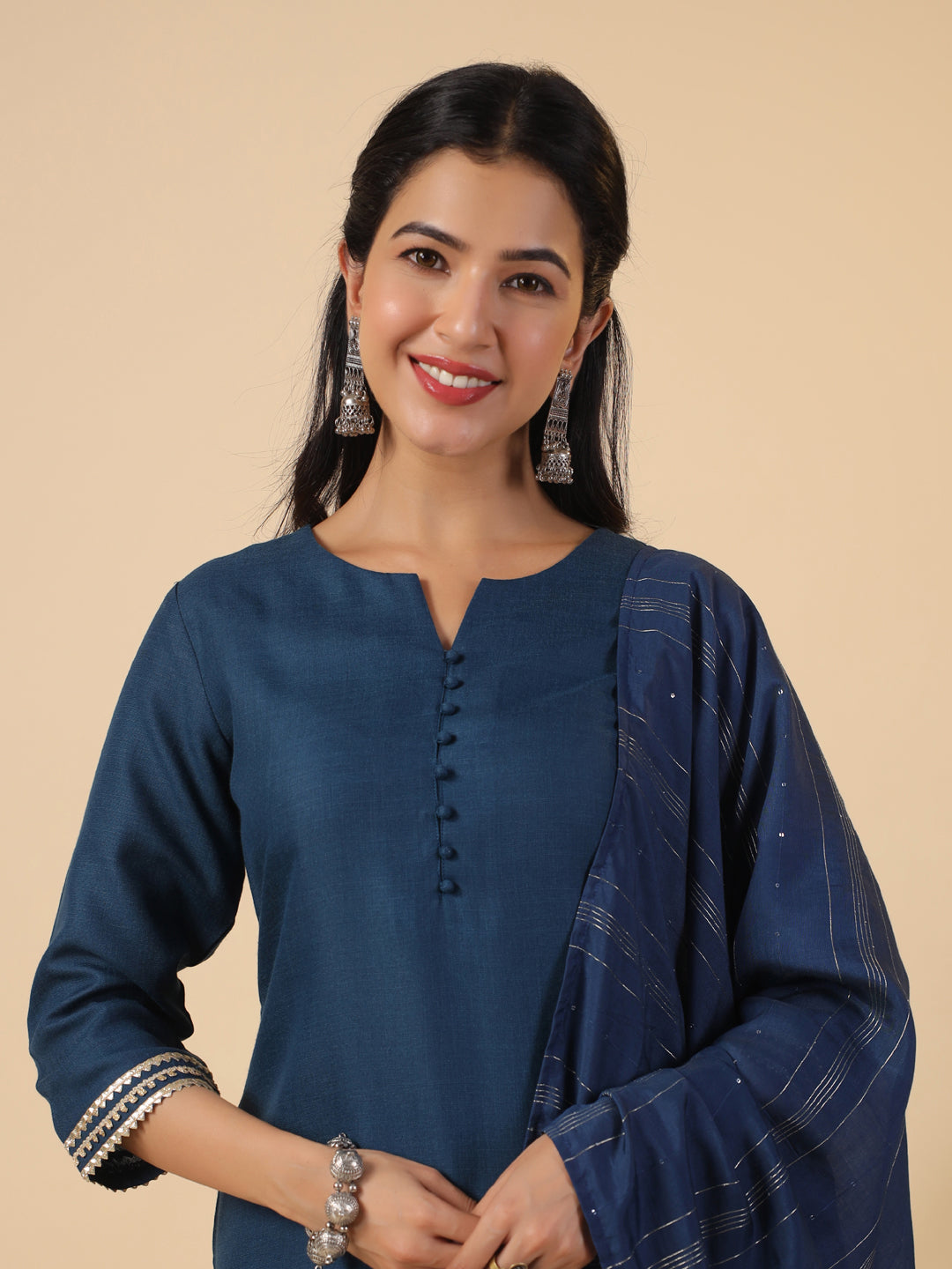 Janasya Dark Cotton Blend Solid Straight Kurta Set