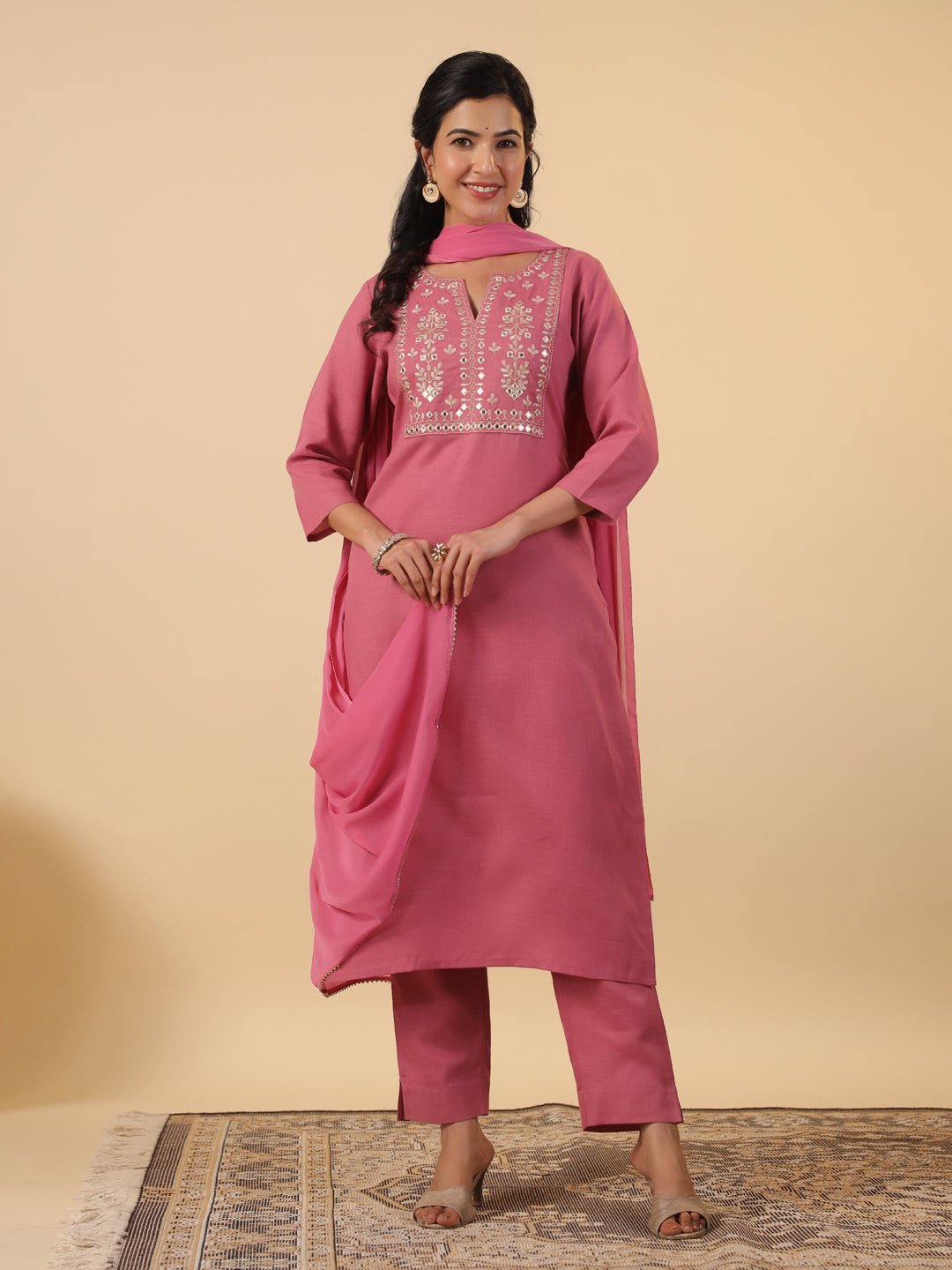 Janasya Light Cotton Blend Yoke Embroidery Straight Kurta Set