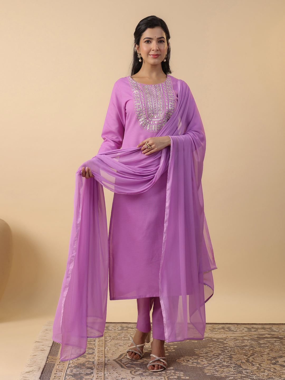 Janasya Bright Cotton Blend Yoke Embroidery Straight Kurta Set