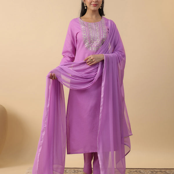 Janasya Bright Cotton Blend Yoke Embroidery Straight Kurta Set - Distacart