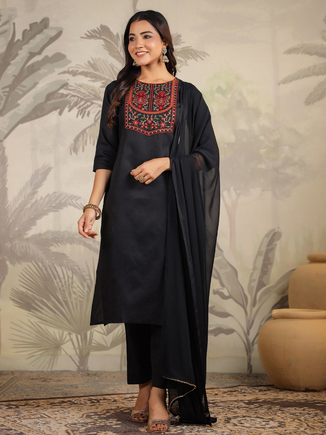 Janasya Dark Cotton Blend Yoke Embroidery Straight Kurta Set
