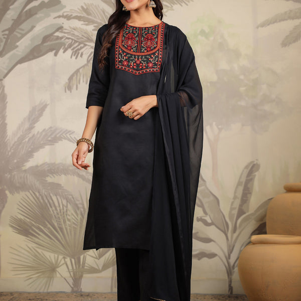 Janasya Dark Cotton Blend Yoke Embroidery Straight Kurta Set