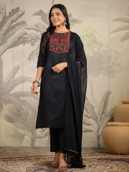 Janasya Dark Cotton Blend Yoke Embroidery Straight Kurta Set - Distacart
