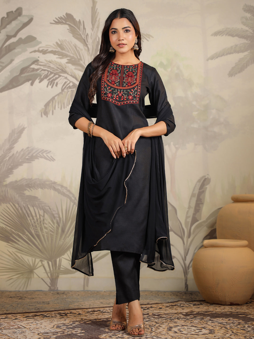 Janasya Dark Cotton Blend Yoke Embroidery Straight Kurta Set