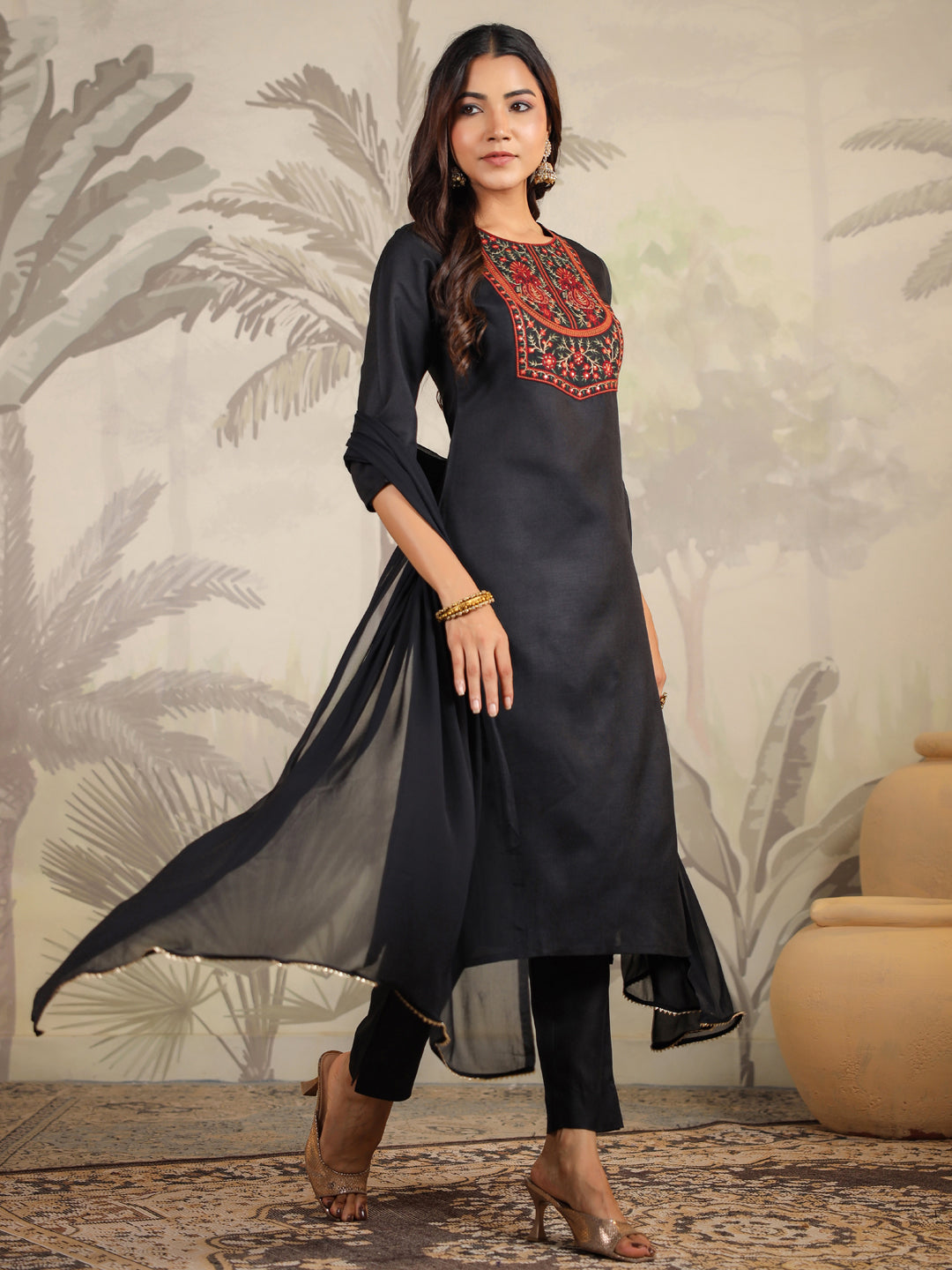 Janasya Dark Cotton Blend Yoke Embroidery Straight Kurta Set
