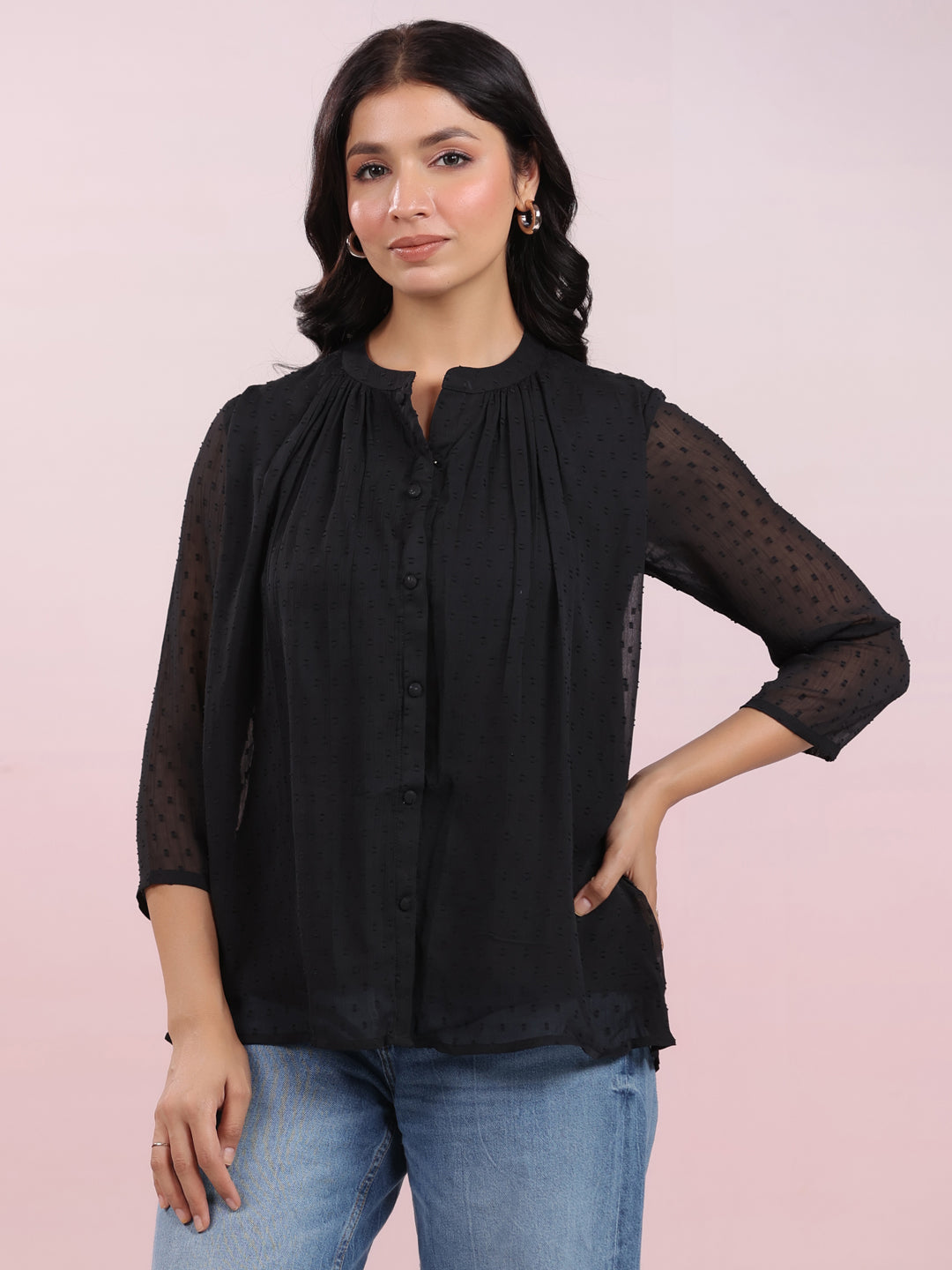 Janasya Dark Dobby Chiffon Solid Regular Top