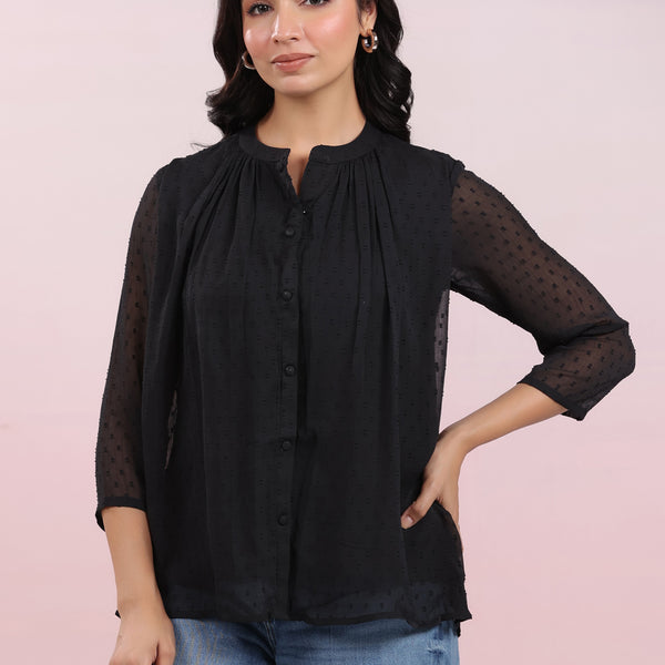Janasya Dark Dobby Chiffon Solid Regular Top
