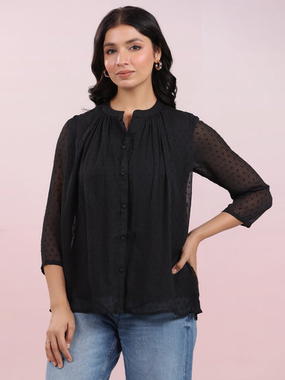 Janasya Dark Dobby Chiffon Solid Regular Top - Distacart