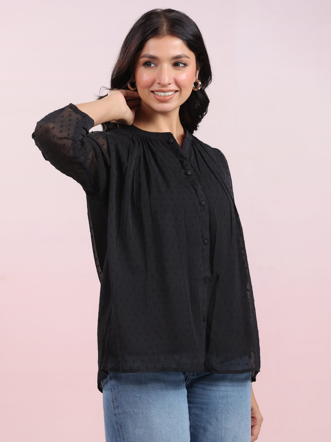 Janasya Dark Dobby Chiffon Solid Regular Top