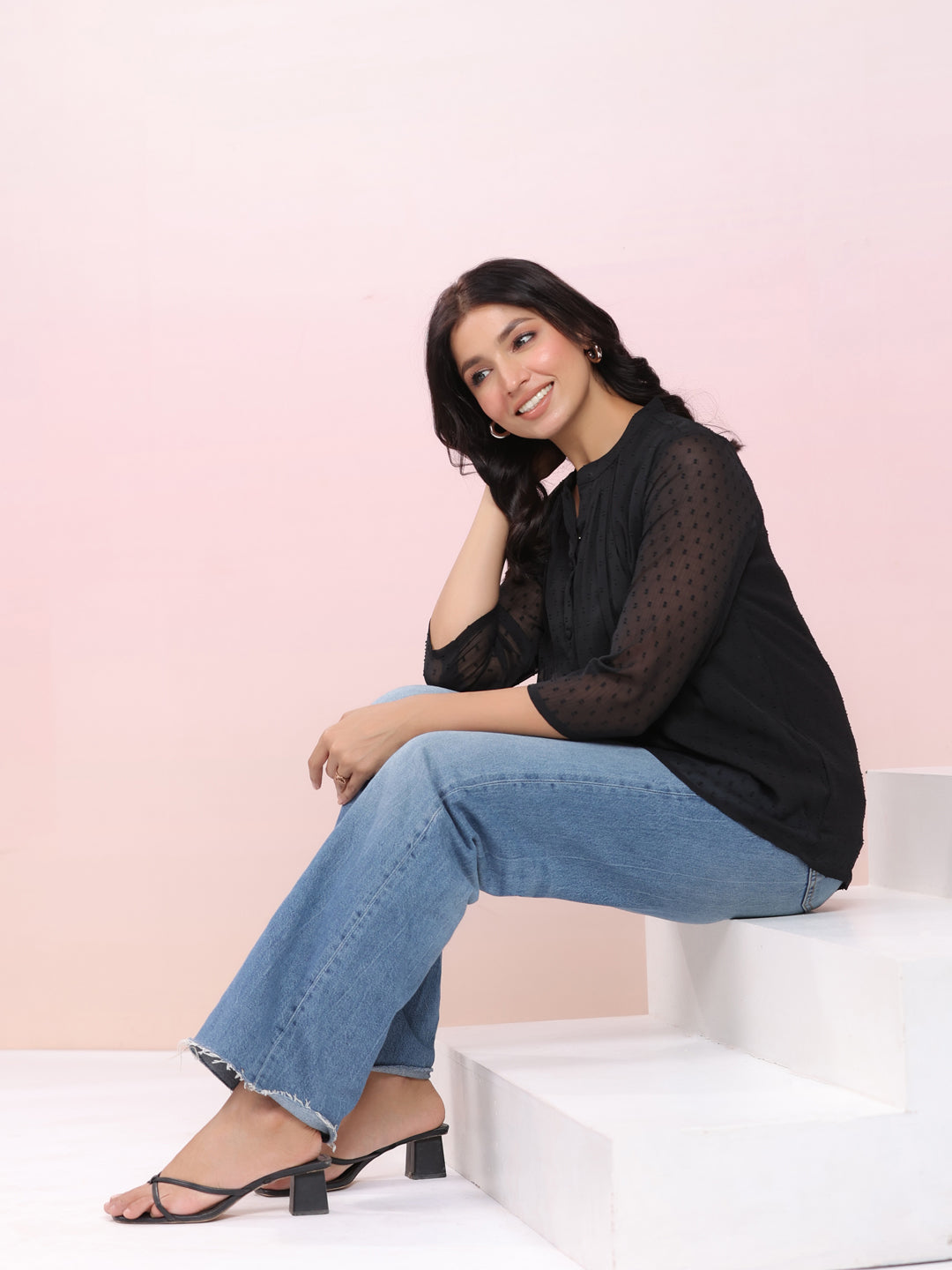 Janasya Dark Dobby Chiffon Solid Regular Top - Distacart