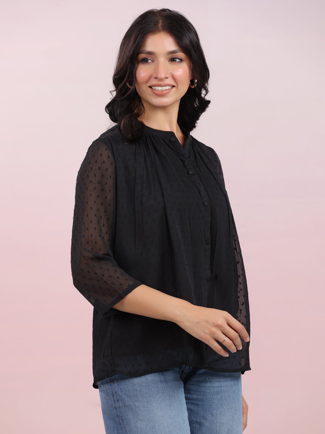 Janasya Dark Dobby Chiffon Solid Regular Top - Distacart