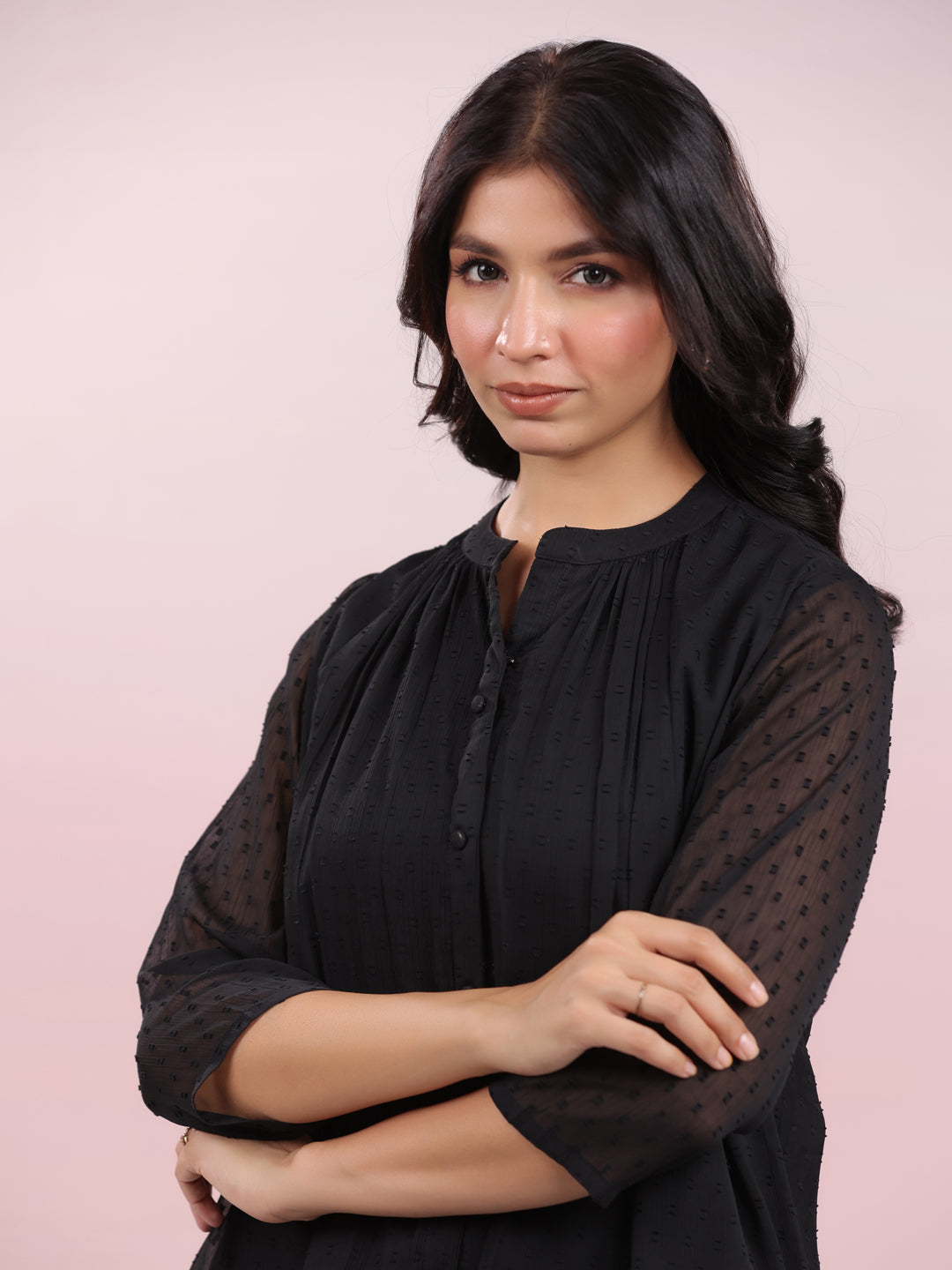 Janasya Dark Dobby Chiffon Solid Regular Top