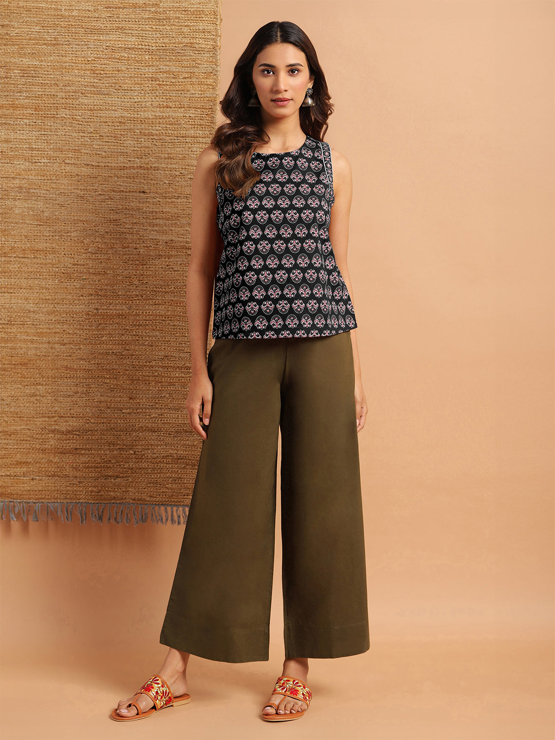 Janasya Dark Cotton Floral Regular Top