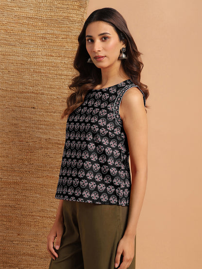 Janasya Dark Cotton Floral Regular Top - Distacart